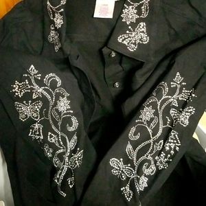 Long sleeve button down large denim jacket with rhinestone butterflies. 97% Cott